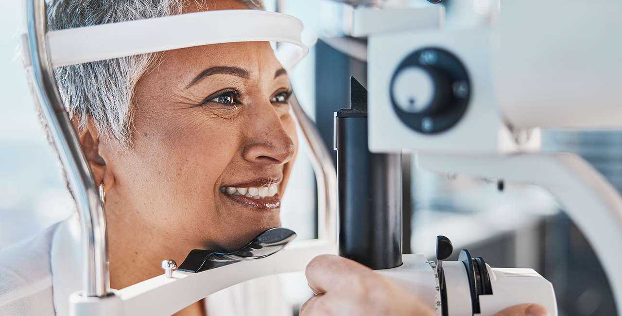 Face, eye exam or happy woman in test or consulting doctor for eyesight assessment at optometrist office