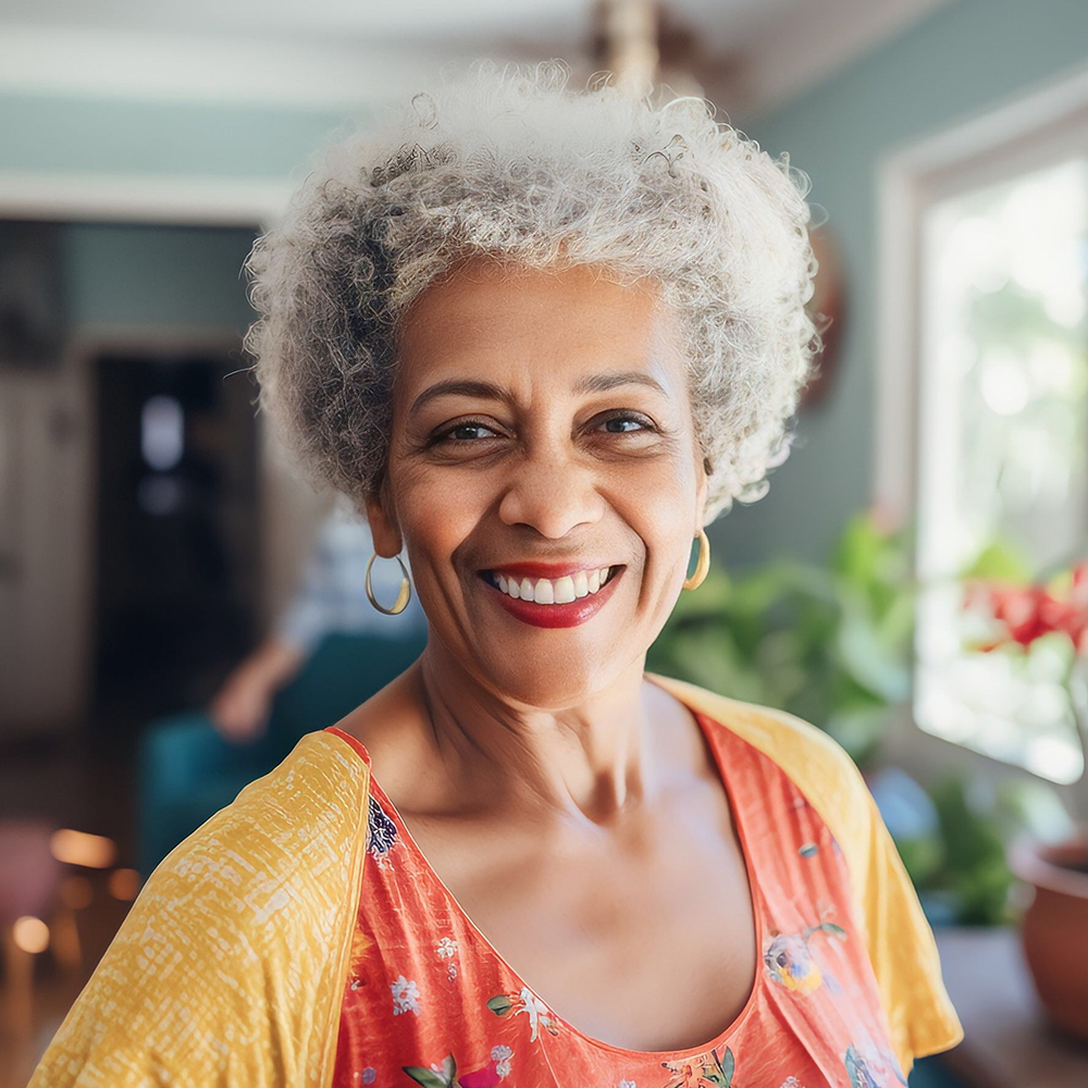 Elderly african american woman wearing contacts standing indoors smiling