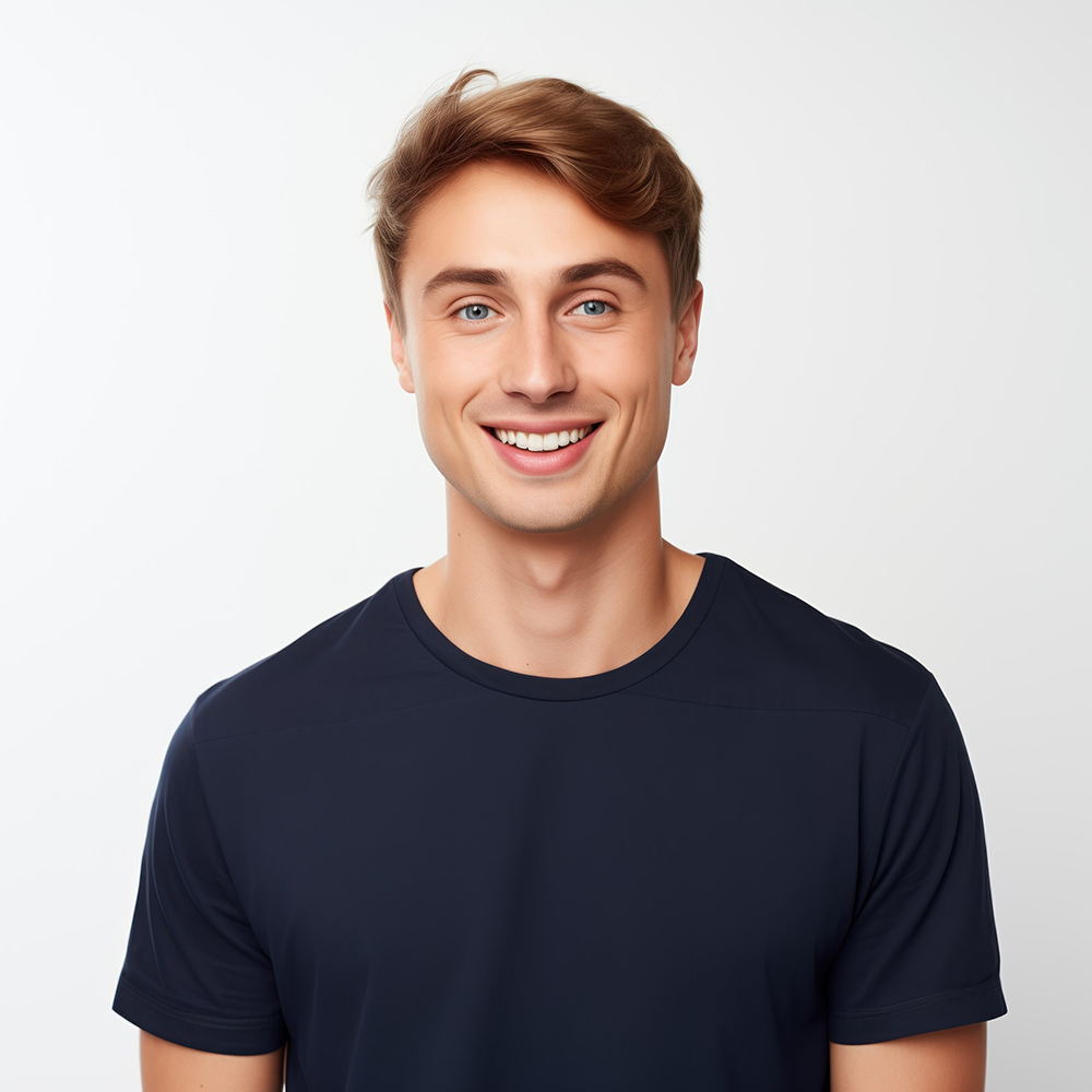 Young caucasian Male Model with Blue Eyes Smiling Candidly colored contact lenses