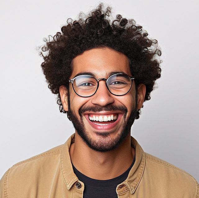 Man smiling wearing glasses and jacket with curly hair isolated in white background.