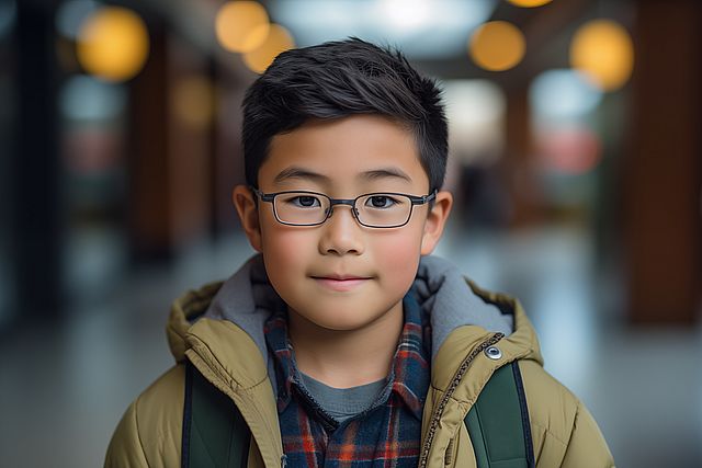 portrait of a boy of asian origin, cute child looking to the camera, smiling, coming home from school with a schoolbag on his back, wearing glasses, good student, top of the class, coat and shirt