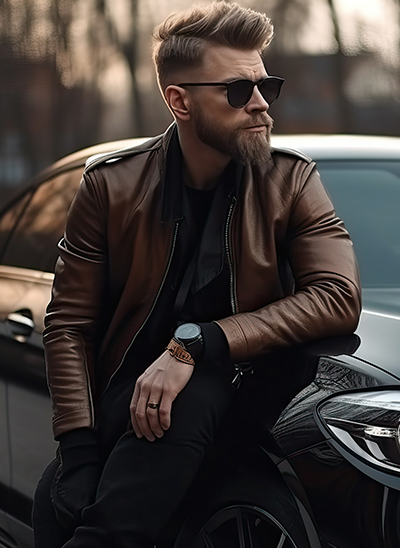 Man with luxury car, Confident handsome man standing near car in rich and success concept