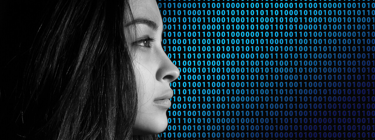 Woman looking into distance, binary code in background
