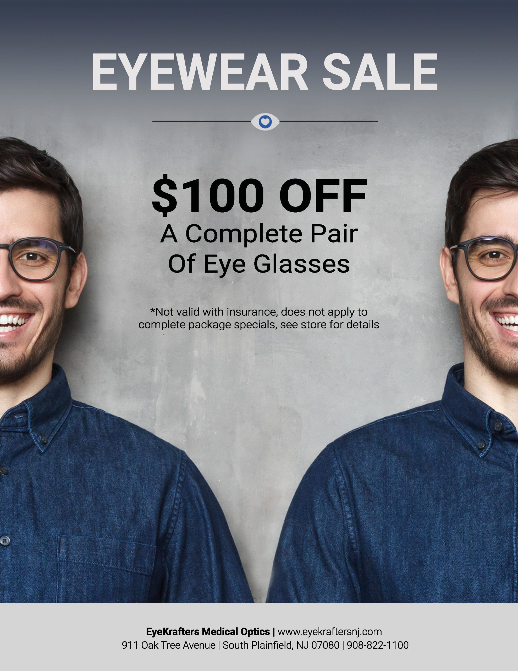 Eyewear Sale - $100 off a complete pair of eye glasses